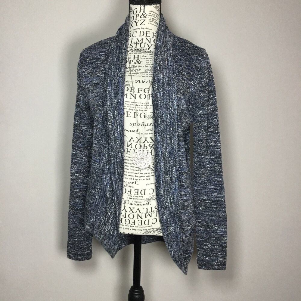 Blue white knit duster cardigan rounded hem long sleeve cozy soft stretchy S